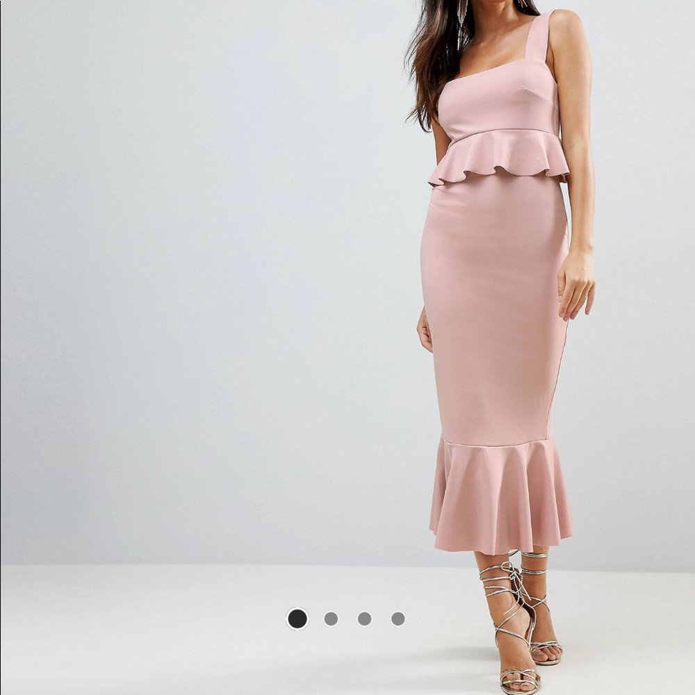 ASOS Square neck ruffle front bodycon midi dress with ruffle hem